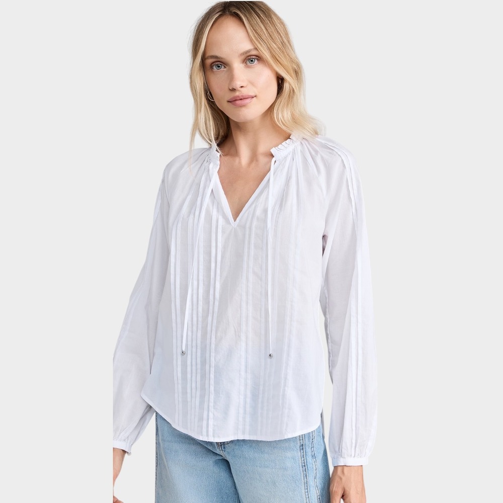 Veronica Beard Jean Jaxon Top Women's L White Cotton Blouse Sheer Quiet Luxury